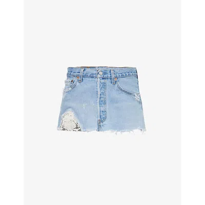 Jean Vintage Womens Snake Five-pockets Upcycled Denim Mini Skirt Light Blue White Leather