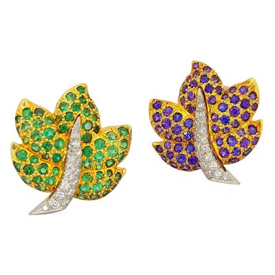 Pre-owned Jean Vitau 18 Karat Gold Lavender Sapphire, Tsavorite And Diamond Leaf Earrings In Purple