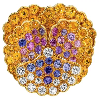 Pre-owned Jean Vitau 18 Karat Yellow Gold, Diamond And Colored Sapphires Pansy Brooch