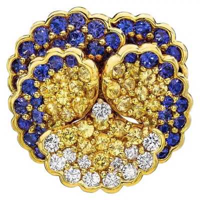 Pre-owned Jean Vitau 18 Karat Yellow Gold Pansy Brooch With Diamonds And Colored Sapphires