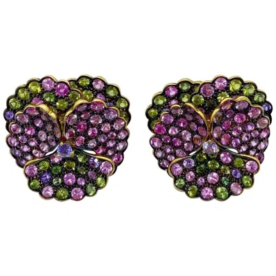 Pre-owned Jean Vitau 18 Karat Yellow Gold Pansy Earrings With 13 Carat Of Sapphires