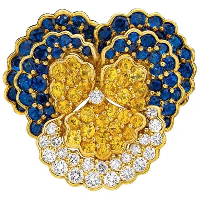 Pre-owned Jean Vitau 18kt Yellow Gold, 14.50 Carat Sapphire And Diamond Large Pansy Brooch
