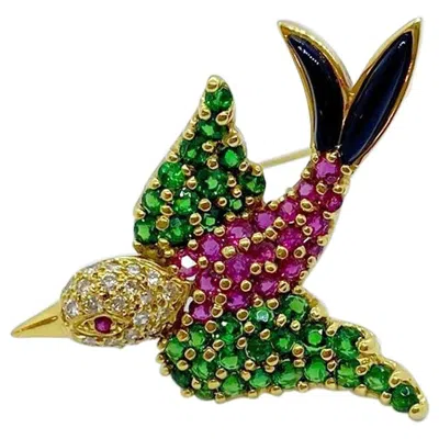 Pre-owned Jean Vitau 18kt Yellow Gold Bird Brooch With .19 Carat Diamonds And Gemstones