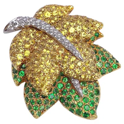 Pre-owned Jean Vitau 18kt Yellow Gold Leaf Brooch, Diamonds, Yellow Sapphire & Tsavorite
