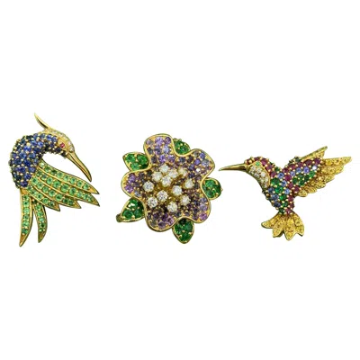 Pre-owned Jean Vitau 3 Brooch Pins Flower Humingbird Bird Sapphire Diamond 18 Karat Gold In Blue