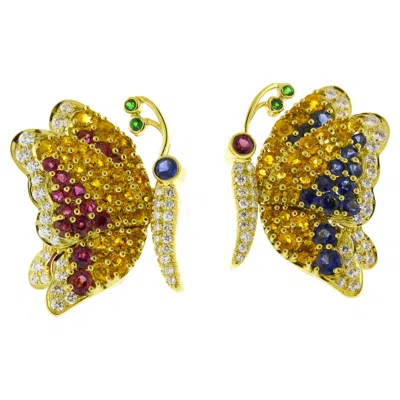 Pre-owned Jean Vitau Sapphire And Diamond Butterfly Clip Earrings In Blue