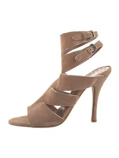 Pre-owned Jean-michel Cazabat Suede Leather Trim Embellishment Gladiator Sandals In Neutral