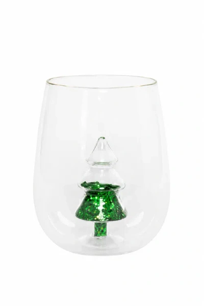 Jeanne Fitz Glitter Christmas Tree Stemless Wine Glass, Set Of 4 In Transparent