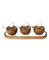 Jeanne Fitz Wood Plus Collection 3 Dipping Bowls With Lids, Spoons And Tray, Set Of 7 In Brown
