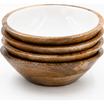 Jeanne Fitz Wood + White Collection Mango Wood, Set Of 4 Serving Bowls, 7" In White/brown