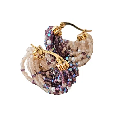 Jeannierichard Women's Brown / Purple / Gold Coquillage Beaded Pearl Gold Hoops In Purple And Sand