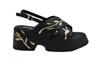 Jeannot Textured Black Wedge Sandals With Gold Leaf Detailing In Black