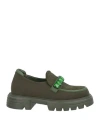 Jeannot Woman Loafers Military Green Size 7 Leather, Textile Fibers In Military Green
