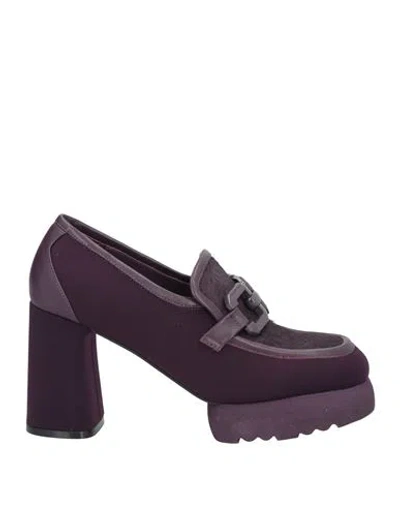 Jeannot Woman Loafers Purple Size 8 Leather, Textile Fibers