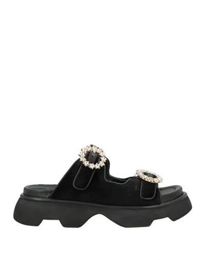 Jeannot Woman Sandals Black Size 7 Leather, Textile Fibers In Multi