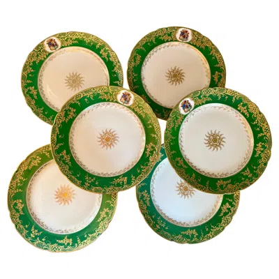Pre-owned Jean-pierre Feuillet Restauration Style Porcelain Six Plates Green Gilt Feuillet Paris 1820
