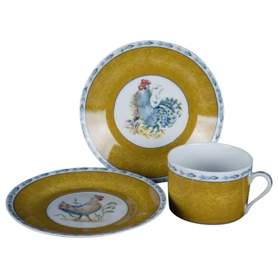 Pre-owned Jean-pierre Frey Basse Cour By Pierre Frey Set Of Cup And 2 Saucers, Limoges Porcelain In Brown