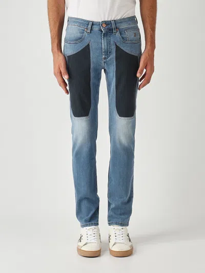 Jeckerson James Skinny-fit 5 Tasche Con Patch In Alcantara In Denim Di Cotone Stretch Tri Blend Oz.10 Jeans In Blue