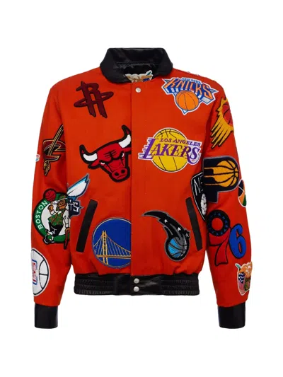 Jeff Hamilton Nba Collage Wool & Leather Jacket "orange" In Red