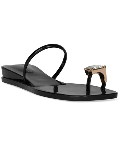 Jeffrey Campbell Balia Gemstome Embellished Flat Jelly Sandals In Black Shiny,clear