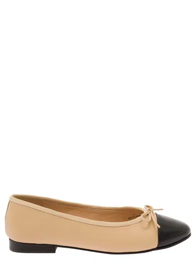 Jeffrey Campbell Beige Ballet Flats With Contrasting Toe And Bow In Leather Woman