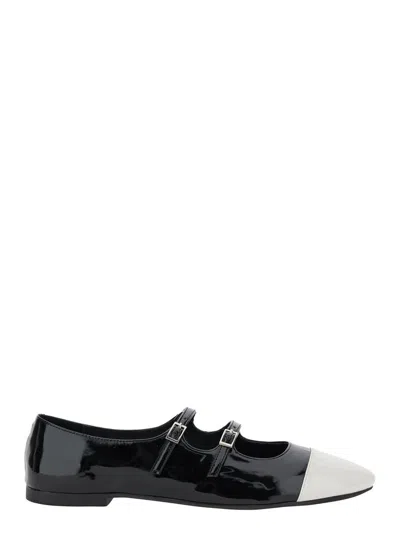 JEFFREY CAMPBELL BLACK BALLET SHOES WITH DOUBLE BUCKLE AND STACKED HEEL IN PATENT LEATHER WOMAN