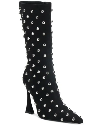 Jeffrey Campbell Fancy-u Mid-shaft Studded Dress Booties In Black Suede,silver