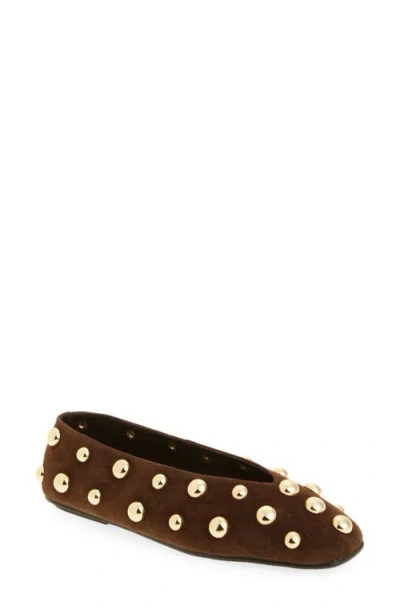Jeffrey Campbell Fathom Studded Ballet Flat In Brown Suede Gold