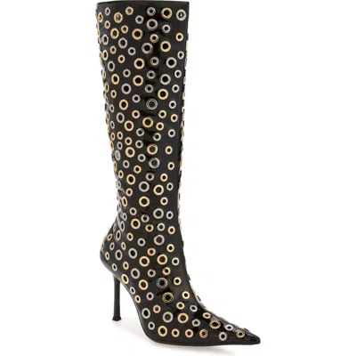 Jeffrey Campbell Holey Pointed Toe Knee High Boot In Black Crinkle Patent Combo