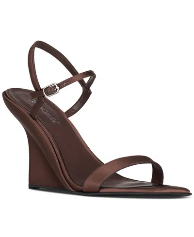 Jeffrey Campbell Kassandra Sculpted Two-piece Wedge Sandals In Brown Satin