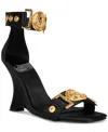 Jeffrey Campbell Leonite Wedge Sandal In Black Satin,gold