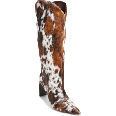 Jeffrey Campbell Pinpoint Pointed Toe Knee High Western Boot In Tan-white Cow