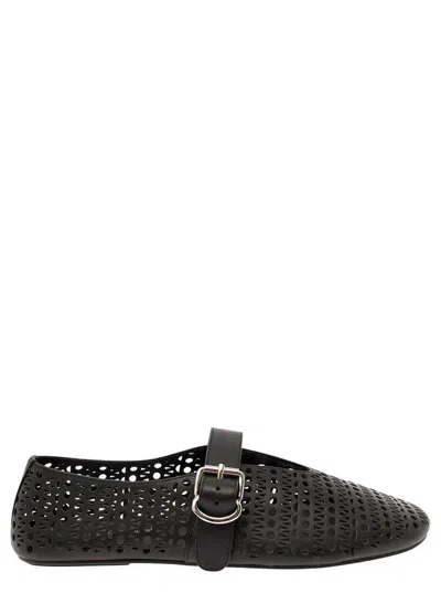 Jeffrey Campbell 'shelly' Black Ballet Flats With Maxi Buckle In Lace Effect Leather Woman In 블랙