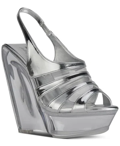Jeffrey Campbell Slo-mo Vinyl Platform Wedge Sandals In Silver Metallic Combo