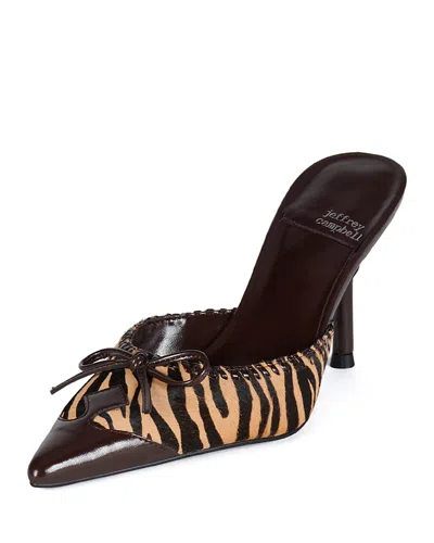 Jeffrey Campbell Women's Clara-b-f Pointed Toe Calf Hair High Heel Mules In Tan Black Zebra