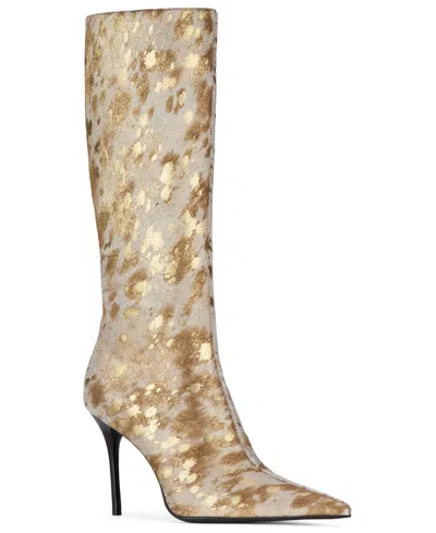 Jeffrey Campbell Women's Proposal-f Stiletto Knee-high Pointed-toe Boots In Tan,gold Spot
