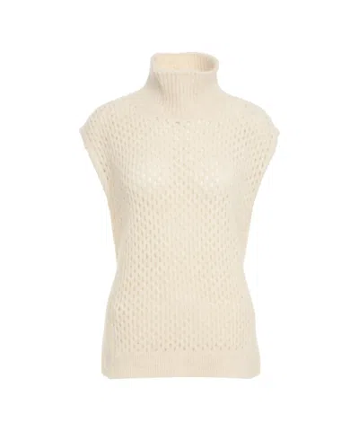 Jeio Beige Knit Gilet With High Ribbed Collar And Open-knit Structure In Multi