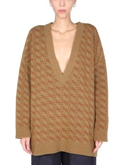 Jejia Oversized V-neck Jacquard Sweater In Brown