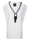 Jejia Oversized White Cotton T-shirt With Raw-cut Sleeves And Black Bead Insert In White