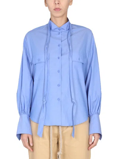 Jejia Gathered-cuff Cotton Shirt In Blue