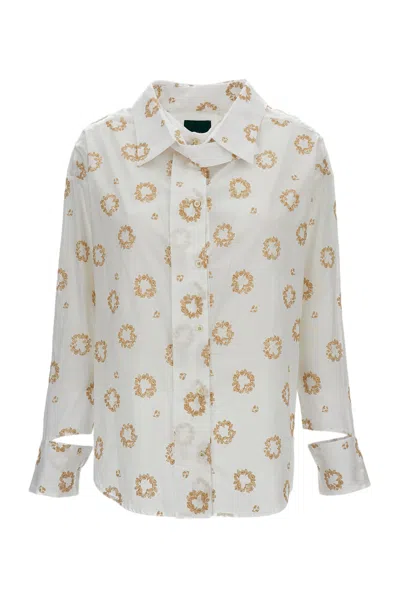 Jejia White Cotton Shirt With Floral Embroidery And Unique Cut-out Cuffs