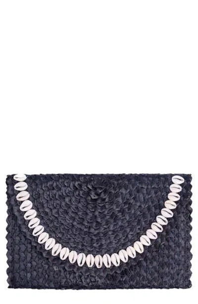 Jelavu Coco Seashell Trim Raffia Clutch In Blue