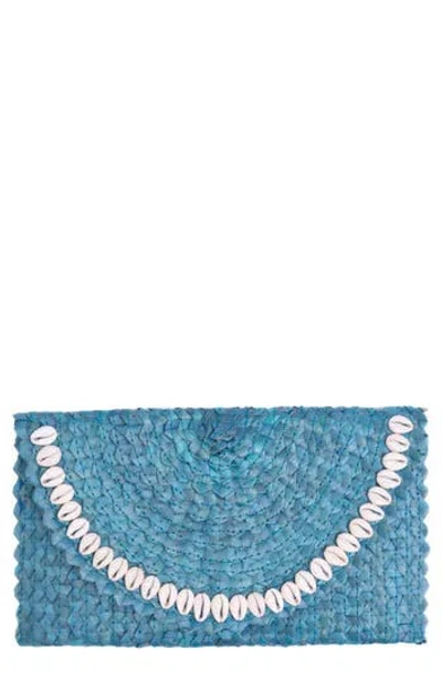 Jelavu Coco Seashell Trim Raffia Clutch In Blue