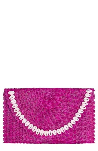 Jelavu Coco Seashell Trim Raffia Clutch In Purple