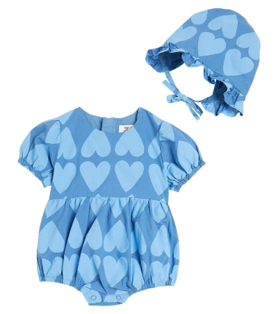 Jellymallow Baby Heart Cotton Playsuit And Sunhat Set In Blue