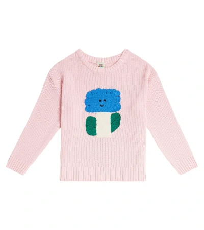 Jellymallow Kids' Big Flower Intarsia Cotton Sweater In Pink