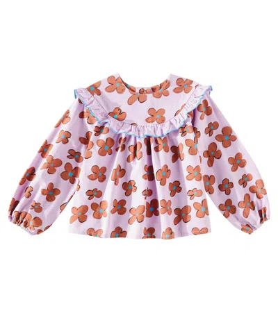 Jellymallow Kids' Flower Ruffled Cotton Blouse In Purple
