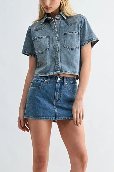 Jemina Denim Muse Cropped Shirt Top In Tinted Denim, Women's At Urban Outfitters In Blue