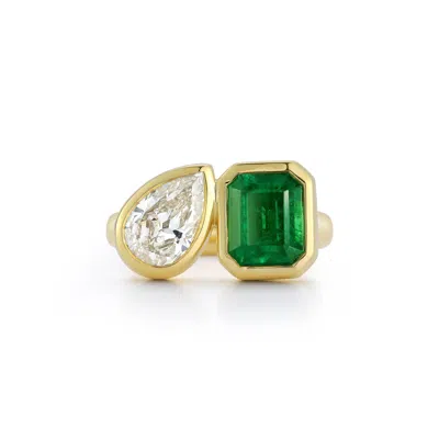 Pre-owned Jemma Wynne Emerald And Diamond Pear Bezel Set "kissing Ring" In Green