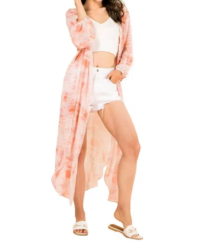 Jen & Co. Boho Long Printed Kimono Wrap Cover Up In Tie Dye-peach In Pink